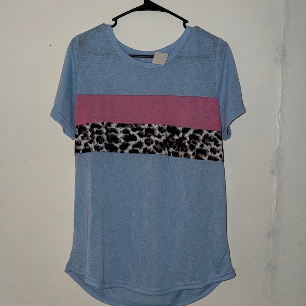 Light Blue Tee with Pink Stripe and Leopard Band